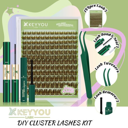 KEYYOU LASH Extension Kit 144Pcs Angel Lash Clusters Kit Thick Eyelash Extension Kit with Glue and Seal,Tweezers,Remover for DIY lash extension kit at Home（Kit-Angel A06-D-8-18MIX）