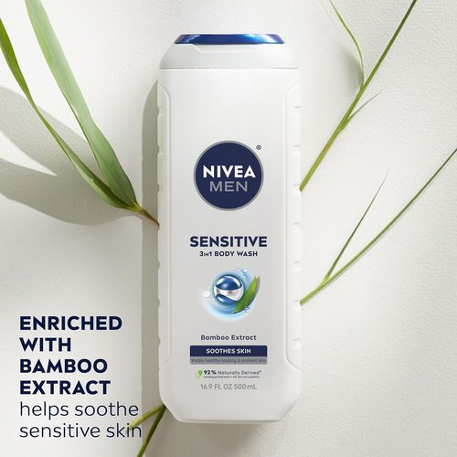 NIVEA MEN Sensitive Body Wash - Moisturizing Bamboo Extract Formula for Sensitive Skin | 16.9 Fl Oz, Pack of 3