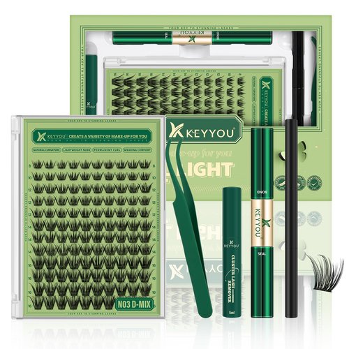 KEYYOU Natural Lash Clusters Kit 144Pcs DIY Lash Extension Kit Wispy Eyelash Extensions Kit D Curl 8-18MIX with Bond and Seal and tweezers with Thin Lash Band(KIT-N03-D-8-18MIX)