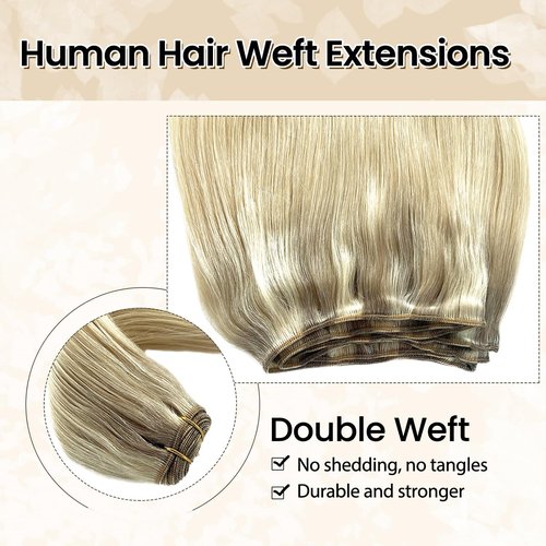 Sew in Hair Wefts Human Hair Extensions Balayage Blonde Highlights to Platinum Blonde Hand Tied Weft Hair Extensions Human Hair 14 Inch Double Weft Sew in Hair Extensions Real Human Hair Full Head
