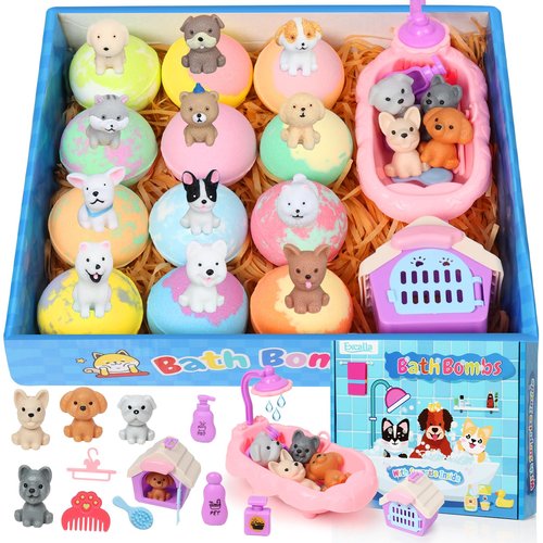Bath Bombs for Kids with Toys Inside for Girls Boys, 12 Pack Kids Bath Bombs with Surprise Dog Pretend Playset, Handmade Bubble Bath Fizzies Birthday Christmas Gift Set