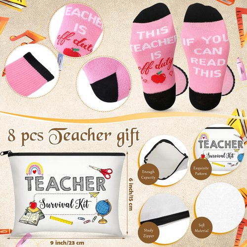 Fulmoon 40 Pcs Teacher Appreciation Gifts Teacher Valentines Gifts Bulk Socks Makeup Bags Keychains Motivational Notebooks Ballpoints(Wood Color,Teach Love Inspire)