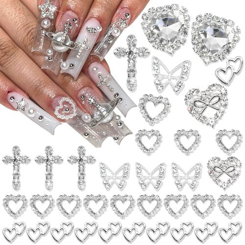 42PCS Silver Nail Charms Crystal Heart Nail Charms 3D Alloy Cross Nail Charms Metal Butterfly Charms Nail Gems Rhinestones for Women Nail Art and DIY Crafts, Small