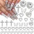 42PCS Silver Nail Charms Crystal Heart Nail Charms 3D Alloy Cross Nail Charms Metal Butterfly Charms Nail Gems Rhinestones for Women Nail Art and DIY Crafts, Small