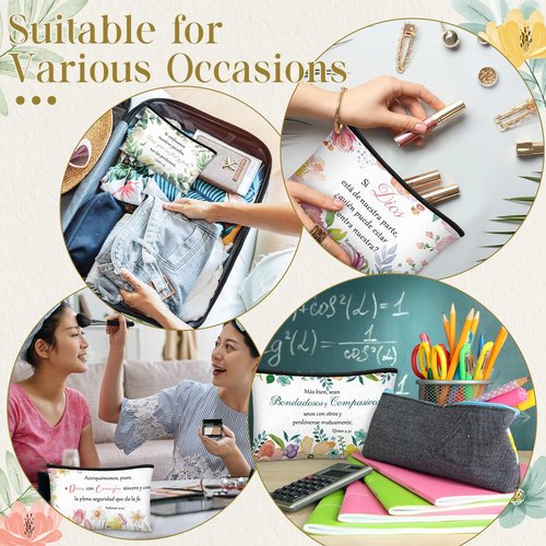 Kacctyen 12 Pcs Christian Mother's Day Gifts Makeup Bag Spanish Verses Inspirational Gift for Women Bible Verse Cosmetic Bag in Spanish Zipper Pouch for Mom Church Religious Prayer(Flower Style)