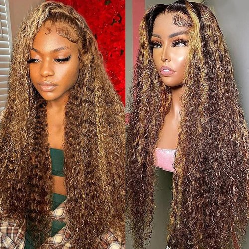 Labamiya Highlight Deep Wave Human Hair Wig 4x1 T Closure Glueless Wigs Human Hair Pre Plucked Pre Cut Lace Closure Glueless Wigs Elastic Band 200% Density P4/30 Honey Blonde Color