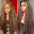 Labamiya Highlight Deep Wave Human Hair Wig 4x1 T Closure Glueless Wigs Human Hair Pre Plucked Pre Cut Lace Closure Glueless Wigs Elastic Band 200% Density P4/30 Honey Blonde Color
