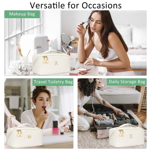 CLOUDWINGS Initial Makeup Bag Gifts for Women Bridesmaid Gifts Travel Toiletry Personalized PU Leather Waterproof Cosmetic Bag (Medium-Beige-K)