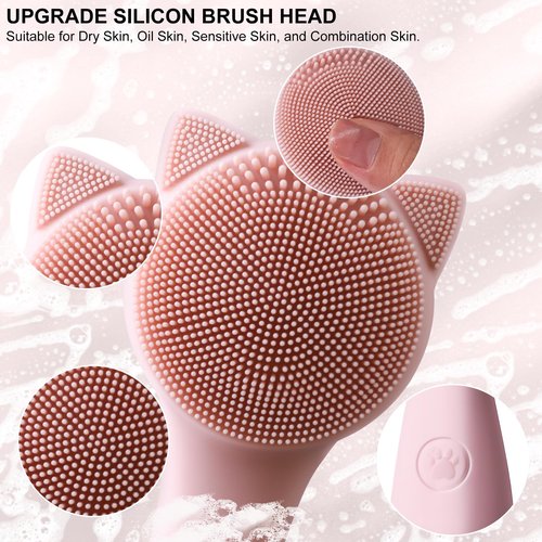 Facial Cleansing Brush, Silicone Face Scrubber Exfoliator for Men & Women, Electric Face Brush Waterproof, with 3 Speeds Adjustable for Deep Cleaning, Removing Blackhead, Facial Massaging (Pink)