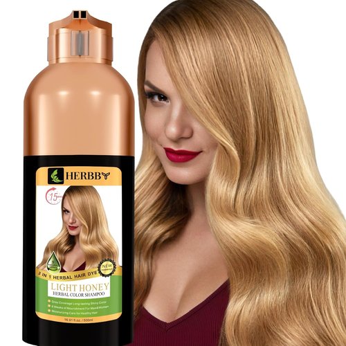 HERBBY Hair Color Shampoo - Gray Hair Coverage & Color Transformation with 9 Herbal Extracts | 500ml Light Honey Color, Long-Lasting Shine