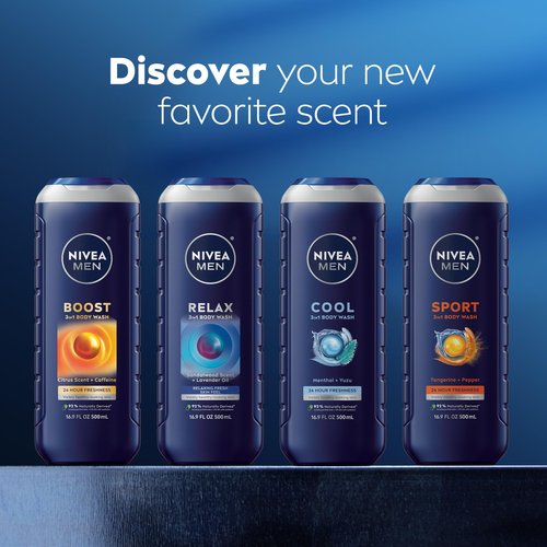 NIVEA MEN Fresh Wave Body Wash with Menthol, Refreshing Scent, 3-in-1 Men's Body Wash, Face and Hair, Paraben Free, Vegan Formula, 16.9 Fl Oz Bottle, Pack of 3