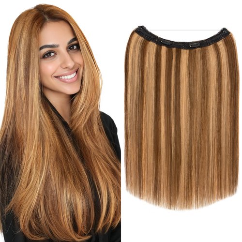 MY-LADY Halo Hair Extensions Real Human Hair for Women Chestnut Brown & Dark Blonde Clip in Remy Hairpiece with Adjustable Invisible Wire 14 Inch 70G