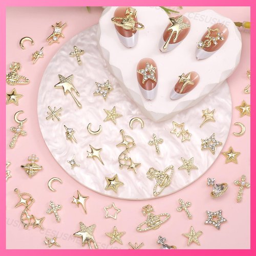 130 Pcs Alloy Gold Star Cross Nail Charms, 21 Styles 3D Y2K Metal Star Cross Moon Planet Gold Nail Charms and Gems for Nails Art Design DIY Accessories