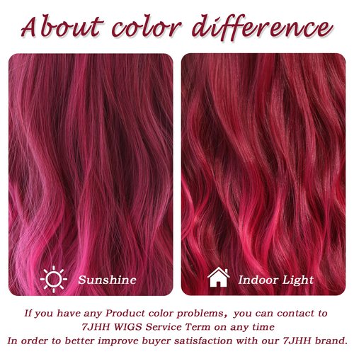 7JHH WIGS Hot Pink Long Wig with Dark Root Middle Part Lace Front Wavy Burgundy Ombre Pink Wig Body Wave Synthetic Wig for Women Transparent Lace Wig Hair 180% Density Daily Wear Wig 27 inch