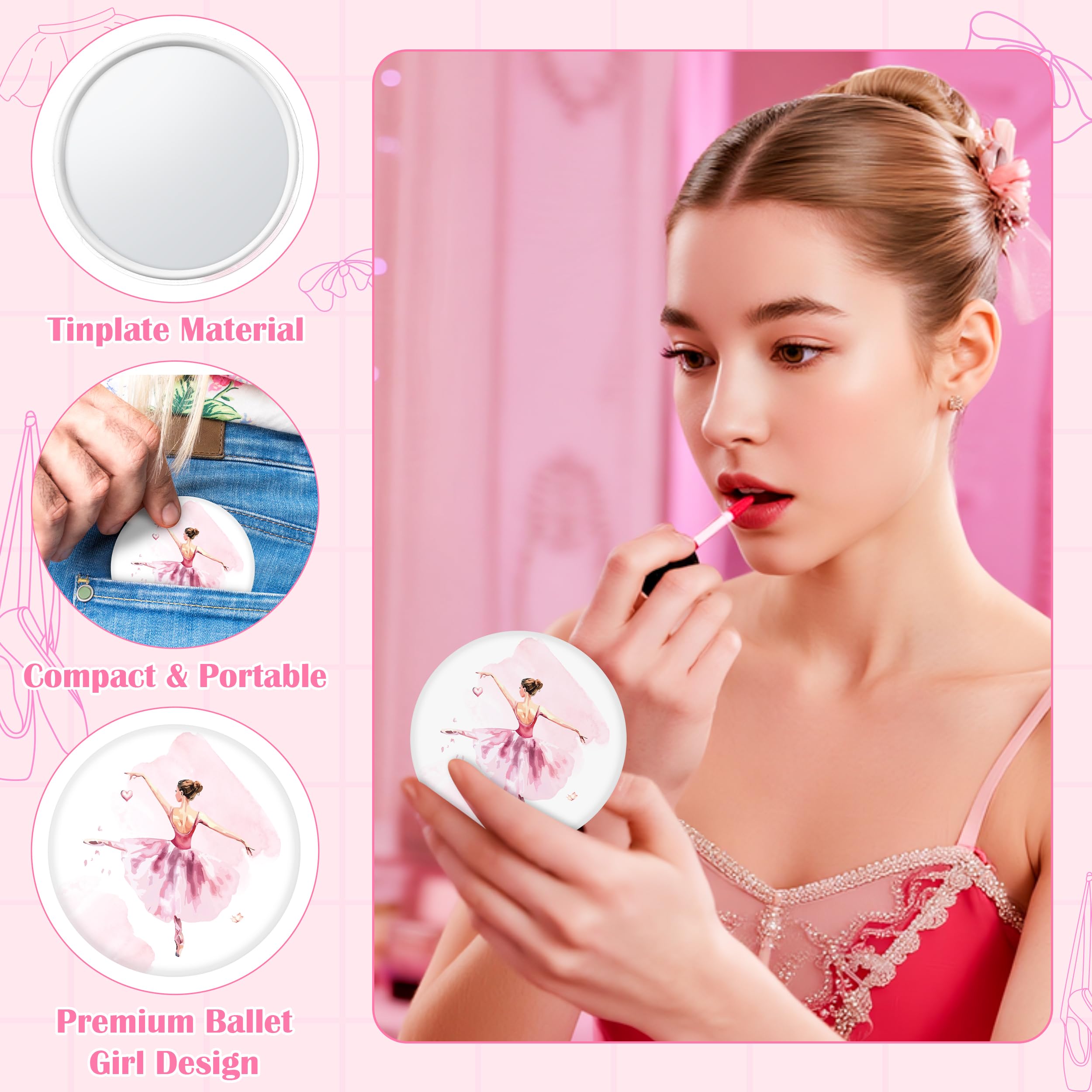 Y1tvei Ballet Compact Mirrors Bulk - 36Pcs Coquette Ballerina Dance Girls Mini Round Makeup Mirrors, Aesthetic Cute Dancing Girl Printed, Birthday Party Favors Dance Recital Gifts for Ballerina Women