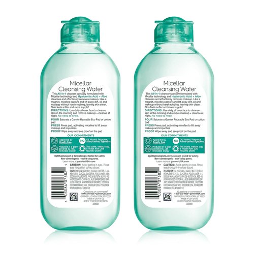Garnier Micellar Water - Hydrating Facial Cleanser & Makeup Remover with Hyaluronic Acid | 13.5 Fl Oz (400mL), 2 Count