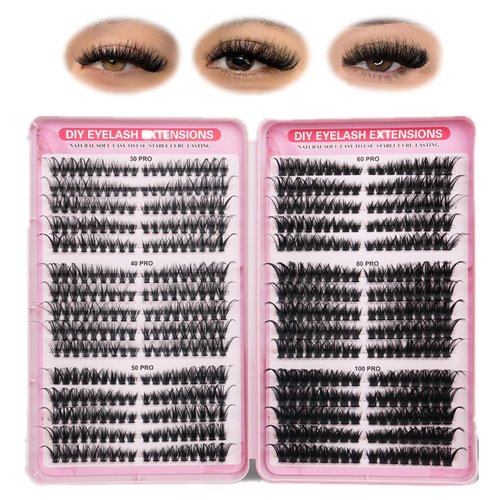 FANDIQ Eyelash Clusters 30D+40D+50D+60D+80D+100D Lash Clusters Wispy Individual Lashes Cat Eyes 540pcs 8-16MM D-Curly Lash Extensions Thick Volume Cluster Eyelashes DIY at Home(A02Pro)