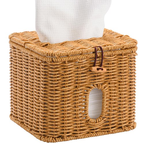Hordely Facial Clean Skin Club Face Towels Holder for Bathroom, Plastic Rattan Disposable Face Towel Holder, Farmhouse Style for XL Face Towels Box Basket with Lid, Light Brown