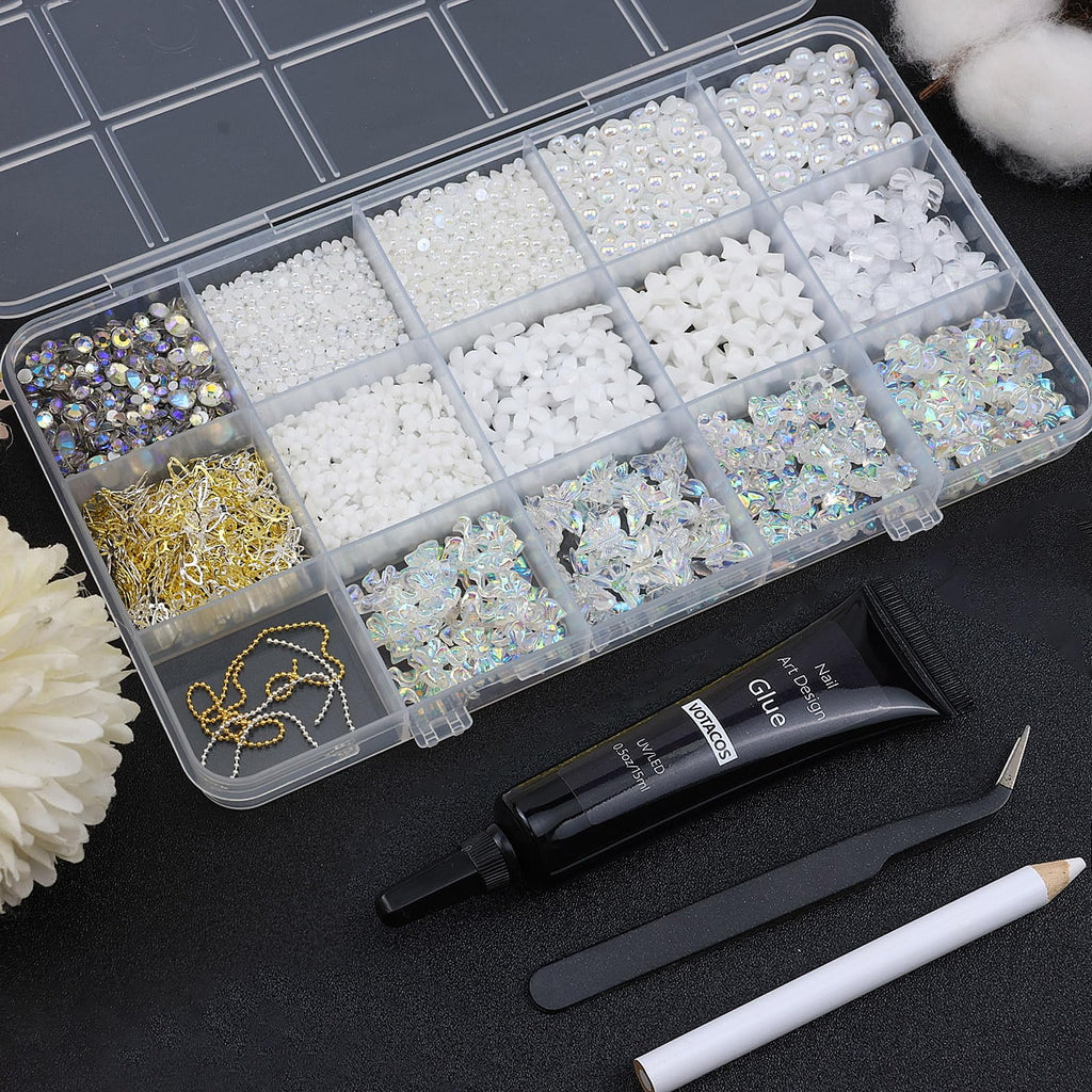 VOTACOS Flatback Nail Art Pearls and Rhinstones - Flower Bow Charms with Gel Glue - Gold, Silver, Butterfly Colors - Women's Acrylic Nail Decorations