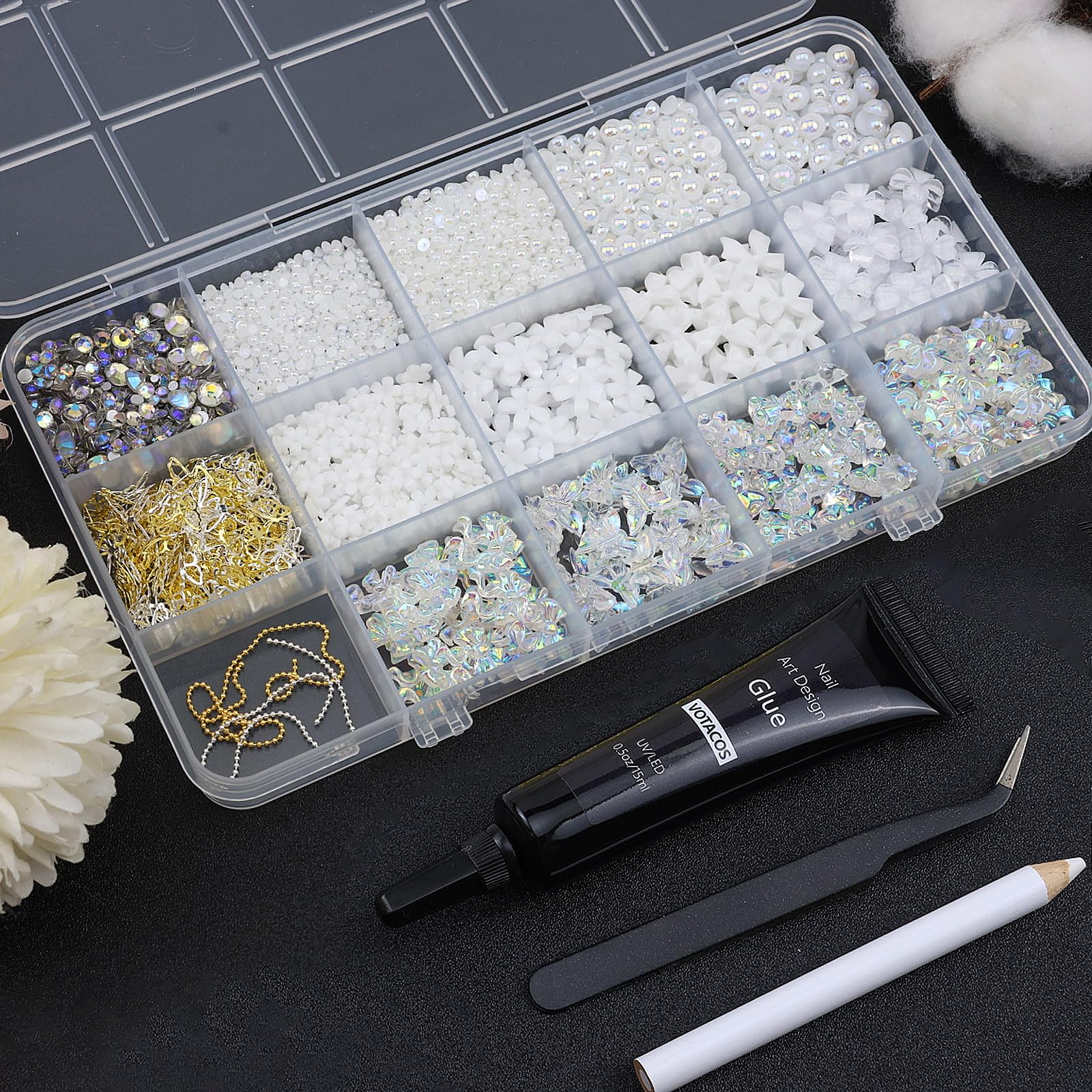 VOTACOS Flatback Nail Art Pearls and Rhinstones - Flower Bow Charms with Gel Glue - Gold, Silver, Butterfly Colors - Women's Acrylic Nail Decorations