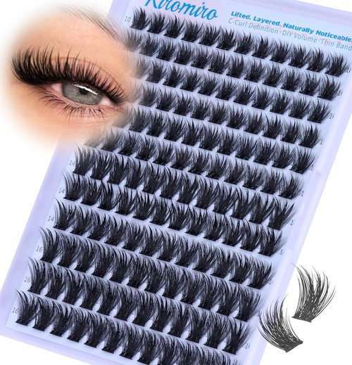 Kiromiro Lash Clusters 10-16mm Cluster Eyelash Extensions Wispy DIY Cluster Lashes Extension 144pcs Individual Lashes Nautral Eyelash Clusters C Curly Lashes Clusters