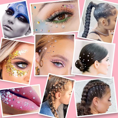 Hair Face Gems Rhinestones with Makeup Glue, Flat Back Colorful Jewels Crystal Half Round Pearl Gold Holographic Glitters Sequins Kit, Wax Pencil Tweezer and Brush For Face Eye Hair Body Makeup