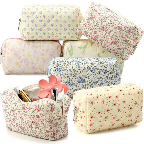 Paterr 6 Pcs Quilted Makeup Bag Bulk for Women Girls Birthday Valentine's Day Bridesmaid Gifts Cute Cotton Cosmetic Pouch Bow Floral Coquette Aesthetic Travel Toiletry Bag(Classic Style,Colorful)