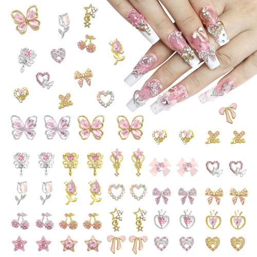 Laza 50pcs Nail Charms Y2k Alloy Nail Rhinestone Charms 3D Heart Star Butterfly Nail Gems Tulips Cherry Pink Bow Jewelry Crystal Shiny Rhinestones Nail Decoration Accessories for Nail Design