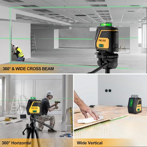 PREXISO 360 Laser Level with Tripod - Rechargeable Green Laser, 100Ft Range, 3 Brightness Settings for Precision Construction
