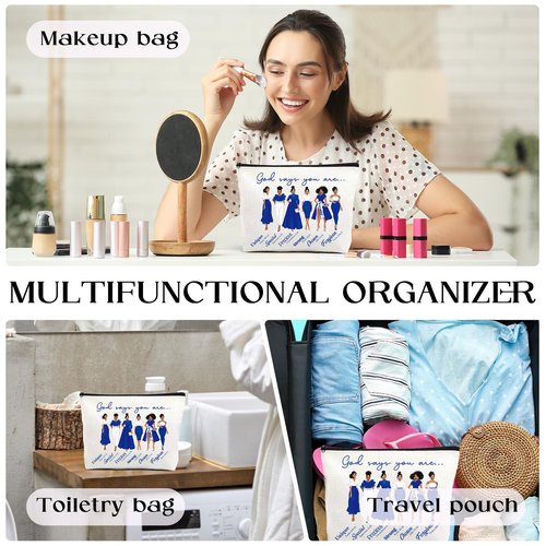 VeloKomo Sorority Gifts Makeup Bag - Blue Waterproof Linen Cosmetic Bags Portable Travel Party Accessories Toiletry Pouch Appreciation Christmas Birthday Gift for Women Girls Friend Bestie Coworker