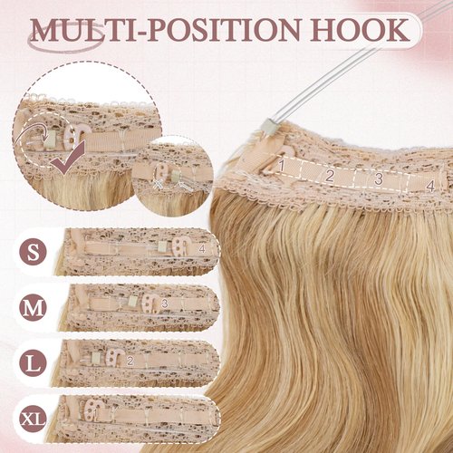 SEGO Pro Halo Hair Extensions Real Human Hair Wavy Invisible Wire Hairpiece Adjustable One Piece With 2 Secure Clips For Women to Add Length,12inch Gold Blonde Mixed Bleach Blonde,55g