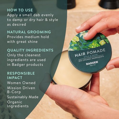 Badger Hair Pomade for Men - Organic Formula with Medium Hold & Shine | Nourishes Hair & Scalp, 2 oz Tin