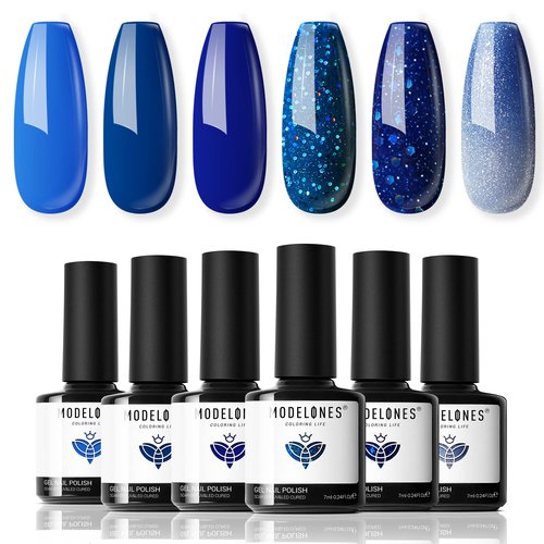 modelones Blue Gel Nail Polish Set, 6 Blue Christmas Color Changing Gel Polish Winter Glitter Nail Polish Gel Kit Soak Off LED Nail Art Manicure Holiday Gifts for Women Girls DIY Home Salon