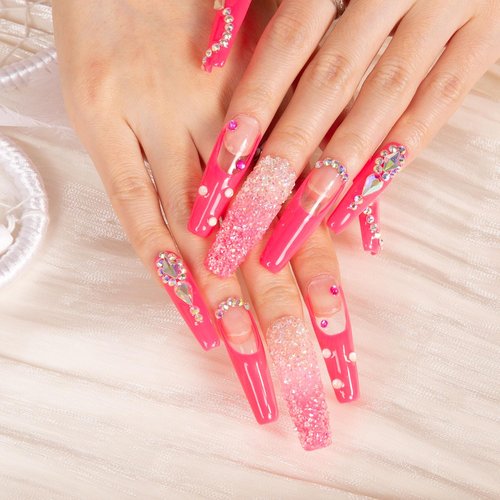 LOVFUL Press on Nails Pink Typhoon Square | Handmade with Full Covered Crystals | Reusable Full Cover Nails | Coffin Mid length 1.7 in | H38-M