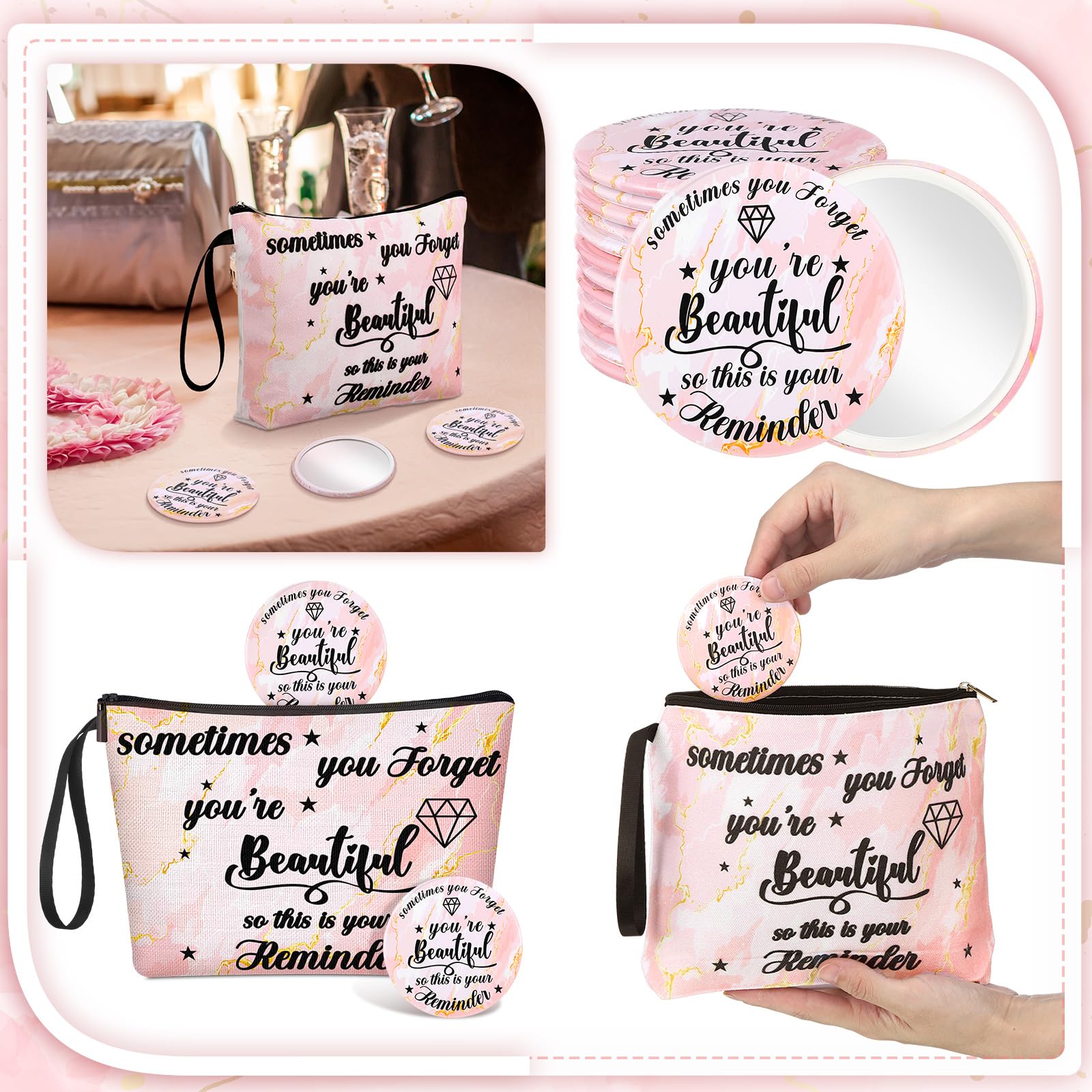 Xuniea 24 Pcs Employee Appreciation Gifts for Women 12 Motivation Canvas Makeup Bags 12 Pocket Mirror Inspirational Thank You Gifts for Women History Social Worker Month Nurse Team(Beautiful)