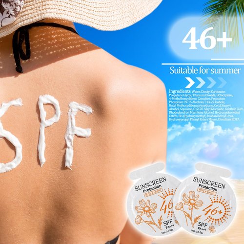 Heigble 50 Pcs Sunscreen Bulk Mini Travel Size Sunscreen Packets SPF 46+ Summer Party Gifts for Women Girl