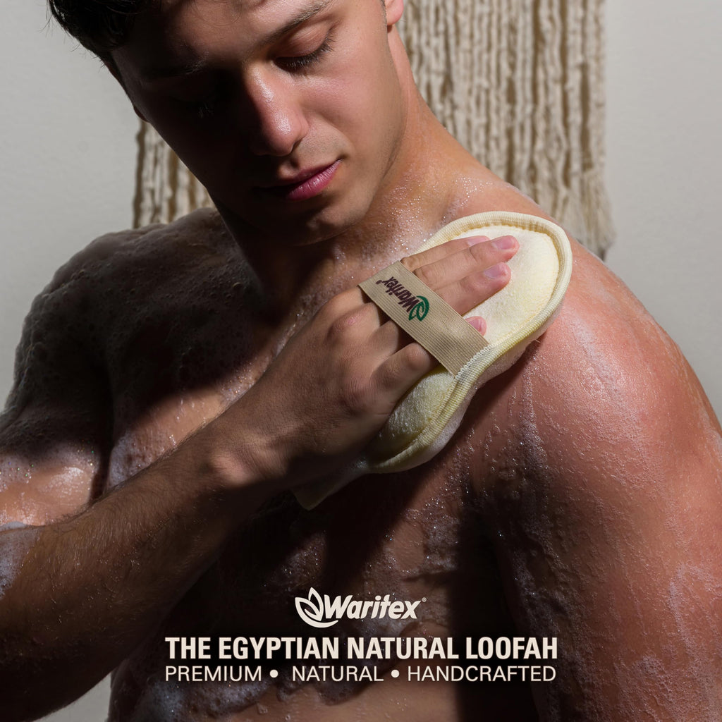 Waritex Egyptian Loofah Exfoliating Body Scrubber with Hand Strap, Oval Shower Pads Made from Natural Egyptian Loofah Fibers, Gentle Cleansing for Face and Body, for Men and Women 2 Count (1 Pack)