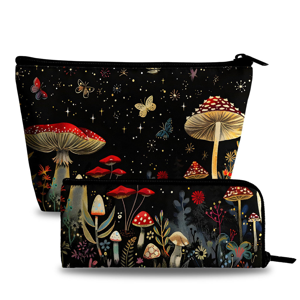 xiaotcq Mushrooms Makeup Bag Cosmetic Bag for Women,1Pcs Large Capacity Makeup Bags and 1Pcs Pencil Case Makeup Brushes Storage Bag Travel Toiletry Bag Organizer