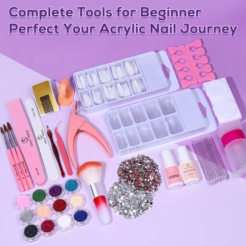 Beginners Nail Kit Acrylic Set: Professional Ultra-fine Acrylic Powder Kit with Everything - Starter Set with 600 Nail Tips Glitter Powder Nail Glue & Remover - Nail Art Supplies for DIY Home Salon