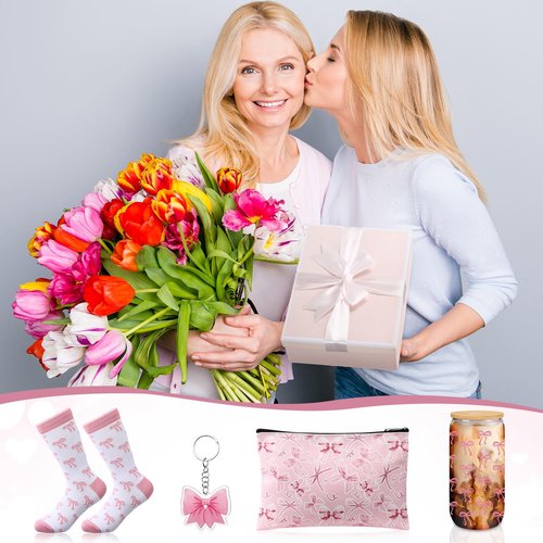 Boao 5 Pcs Pink Bow Gift Set with Bow Glass Cup, Socks, Cosmetic Bag Keychain Coquette Stuff Thank You Gift Box for Girls Women Valentines