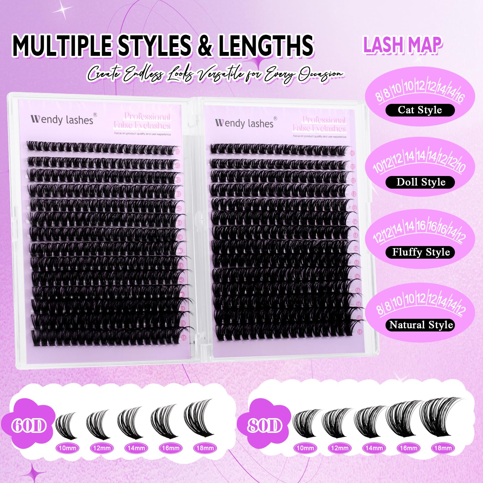 WENDY LASHES Lash Clusters 60D+80D Eyelash Clusters 518PCS Wispy Individual Lashes, 10-18MM D-curly Lash Extension DIY Cluster Eyelash Extensions for Beginners