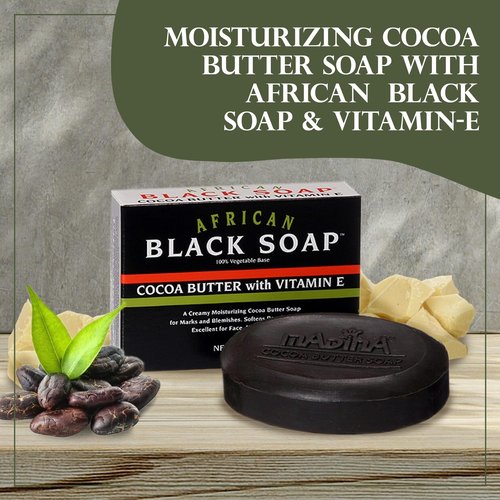 Madina African Black Soap Bar – Cocoa Butter, Vitamin E, Moisturizing, Skin-Restoring, Marks & Blemishes, Face & Body Cleanser, 100% Vegetable-Based, Halal, 6 Pack (3.5 oz Each)