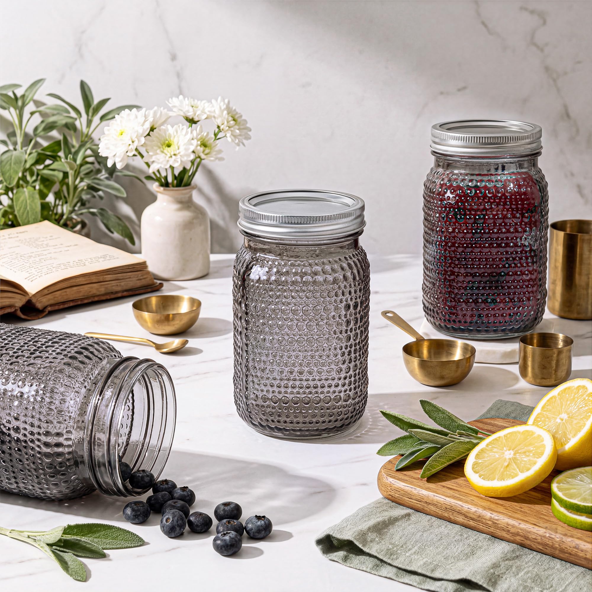 WELLIFE Mason Jars 32 oz, 6 Pack Quart Vintage Green Mason Jars Wide Mouth for Pickling, Glass Storage Jars, Canning, Decoration, Fermenting and Food Storage, Non-Slip Design
