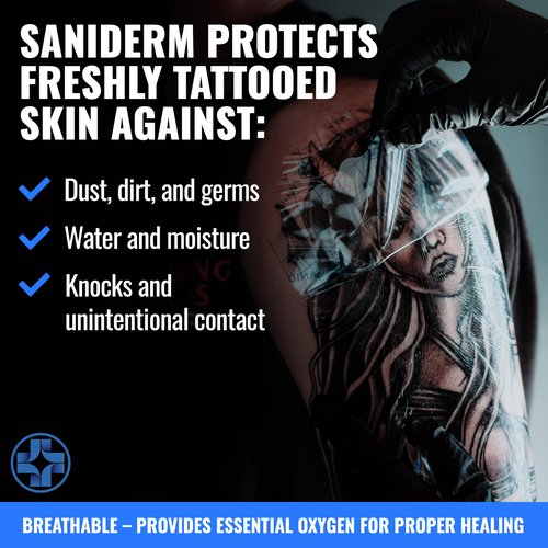 Saniderm Tattoo Aftercare Bandage 3 Sheets (Large Pack, 8 in x 10 in) – Convenient, Faster Tattoo Healing and Protection – Sterile, Waterproof, and Latex-Free