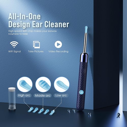 LEIPUT Ear Wax Removal - Earwax Remover Tool with 8 Pcs Ear Set - Ear Canal Cleaner with 1080P Camera - Ear Cleaning Kit with 6 Ear Spoon - Ear Camera for iOS & Android (Navy Blue)