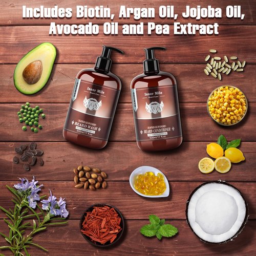 ISNER MILE Beard Wash & Conditioner Set - 17 oz Biotin, Argan & Jojoba Oil Shampoo for Soft, Strong Beard - Sandalwood Scented Grooming Gift