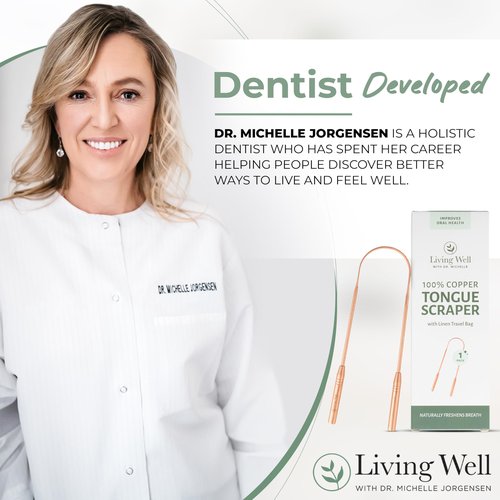 Living Well with Dr. Michelle Copper Tongue Scraper - Premium Metal Tongue Cleaner for Adults & Kids - Eliminate Bad Breath & Enhance Oral Hygiene - Includes Travel Bag