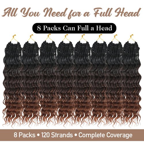 Pre looped Ocean Wave Crochet Hair 8 Packs 12 Inch Ombre Brown Auburn Synthetic Pre Twisted Ocean Braids Hair Boho Deep Wave Short Curly Crochet Hair for Black Women (12 Inch, T1B/4/30#)