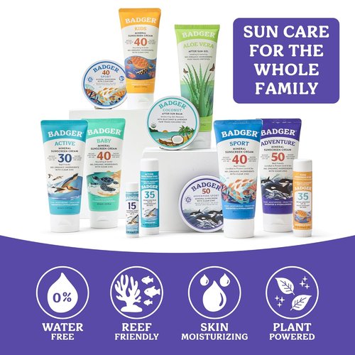 Badger SPF 50 Mineral Sunscreen - 98% Organic, Non-Toxic & Water Resistant | Unscented, Hypoallergenic, 2.4 oz Tin