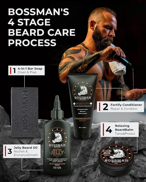 Bossman Essentials Beard Kit - 3-Piece Grooming Set with Oil, Conditioner & Balm | Perfect Gift for Men